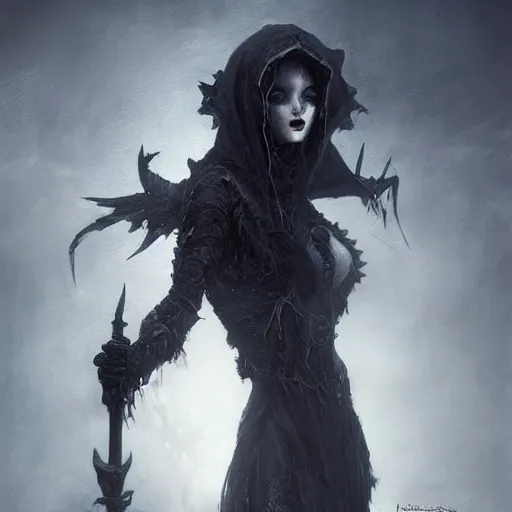 Image similar to kerli koiv as grim reaper, grimdark, darkwave, darksynth, concept headshot art, sharp, digital matte painting, art by luis royo, greg rutkowski, wlop, dramatic lighting, trending on artstation