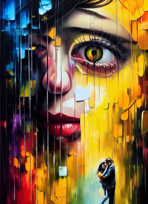 Prompt: brain cage holding a woman, theme death rain, yellow and black, afremov, tristan eaton, vi cto ngai, rhads, ross draws, hyperrealism, intricate detailed