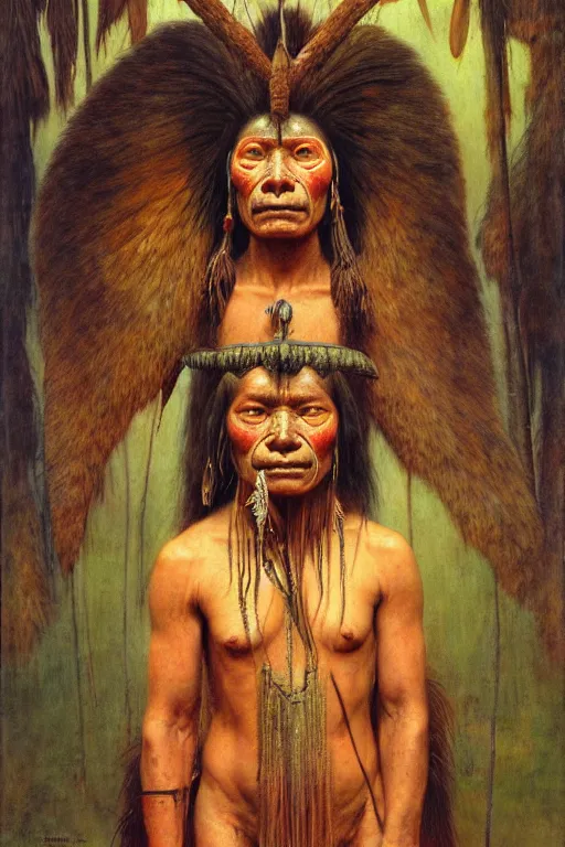 Image similar to a portrait of yanomami by wayne barlowe, gustav moreau, goward,  Gaston Bussiere and roberto ferri, santiago caruso, and austin osmanh spare, ((((occult art))))