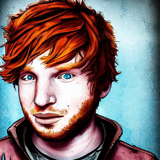 Prompt: ed sheeran portrait, borderlands, tales from the borderlands, the wolf among us, comic, cinematic lighting, studio quality, 8 k