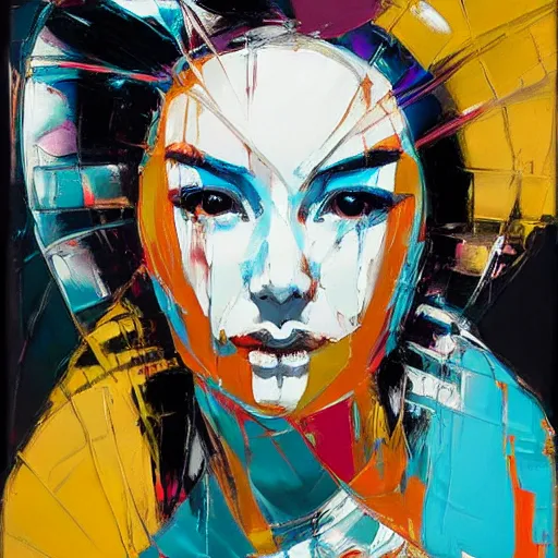 Prompt: portrait of geisha, silver and gold by francoise nielly