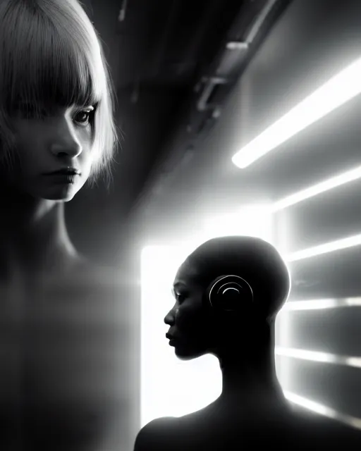 Image similar to black and white high quality photo of a beautiful futuristic female human-cyborg looking into a sci-fi mirror, volumetric lighting, liminal space, brutalism, foggy, dreamy, hyperdetailed, bokeh, photorealistic, cinematic, masterpiece, Metropolis, elegant, dark, octane render, 8K, in the style of Dora Maar