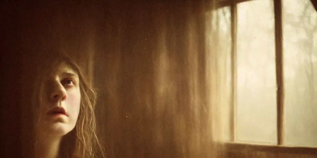 Image similar to portrait bust of young woman, tired expression, faded color film, russian cinema, tarkovsky, kodachrome, inside old cabin, next to window, heavy forest outside, long brown hair, old clothing, heavy fog, brown color palette, hudson river school, 4 k, dramatic lighting, greg rutkowski