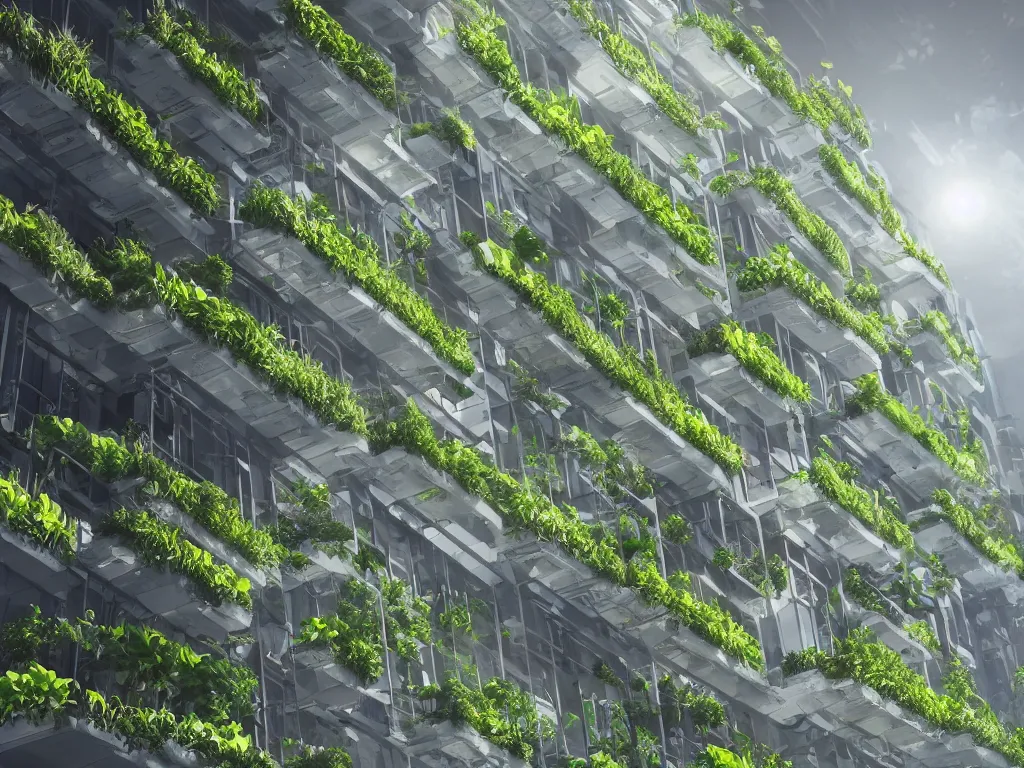 Image similar to futuristic vertical farm growing food in a cyberpunk high rise, 3 point perspective, atmospheric, morning light, foggy, ultra - hd, ultra - realistic