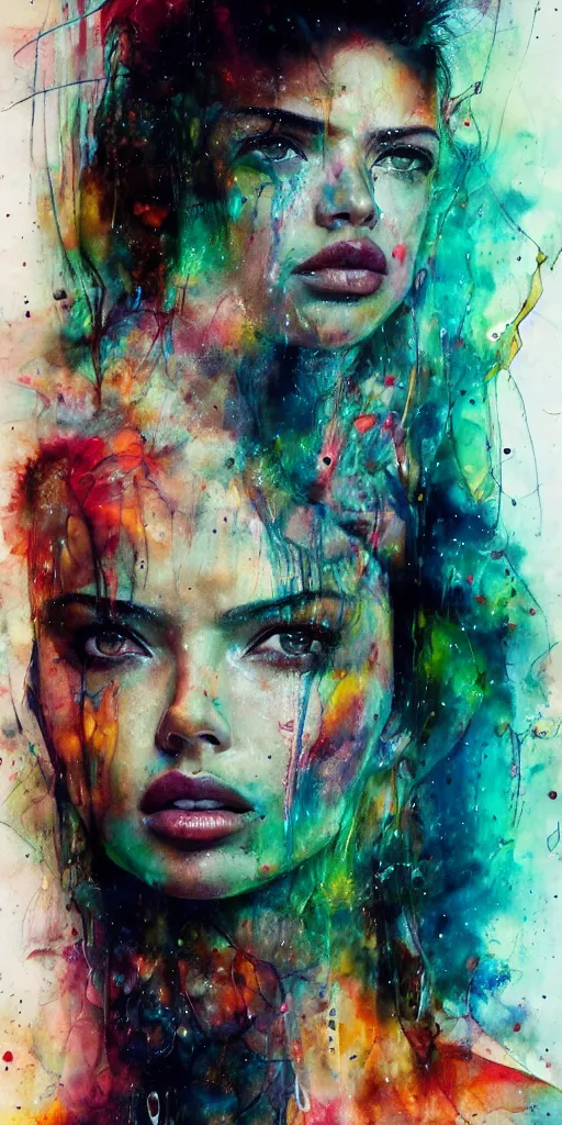 Image similar to adriana lima by agnes cecile enki bilal moebius, intricated details, sitting on a stool, full body portrait, extremely luminous bright design, pastel colours, drips, autumn lights