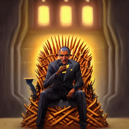 Prompt: barrack obama eating a cheese burger sitting on the iron throne, highly detailed, digital painting, artstation, concept art, global illumination, ray tracing smooth, sharp focus, illustration, art by artgerm and greg rutkowski and makoto shinkai, jeremy lipkin