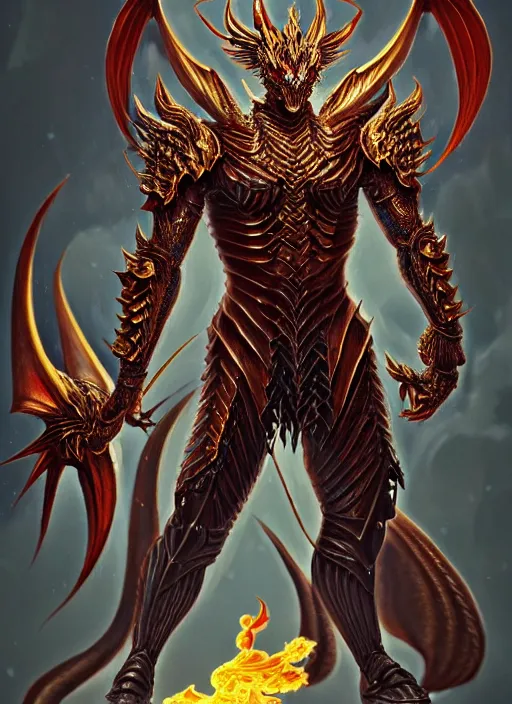 Image similar to muscular and tall ghostly fire humanoid dragon!!!! draconian!! intricate ornate iridescent heavy armor!! character concept art, sharp focus, octane render! unreal engine 5! highly rendered!! trending on artstation!! detailed linework!! illustration by artgerm, wlop, and chie yoshii