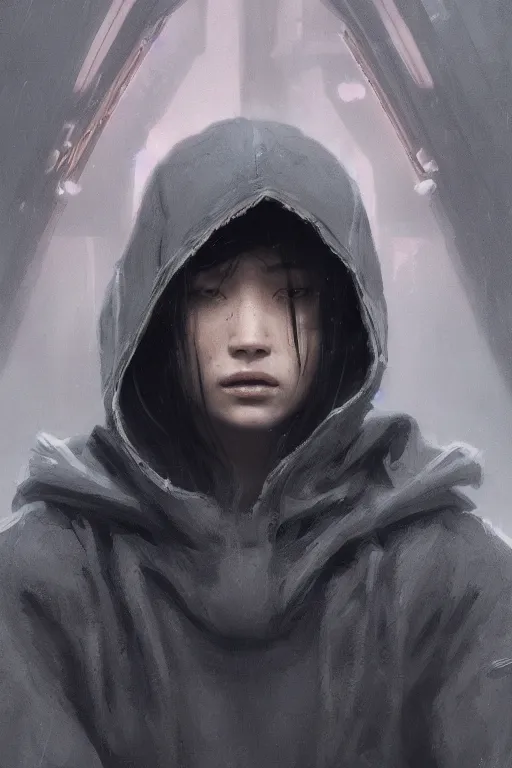 Image similar to A portrait of a women wearing a techwear hoody by Greg Rutkowski, Sung Choi, Mitchell Mohrhauser, Maciej Kuciara, Johnson Ting, Maxim Verehin, Peter Konig, Bloodborne , 8k photorealistic, cinematic lighting, HD, high details, dramatic, atmospheric , trending on artstation