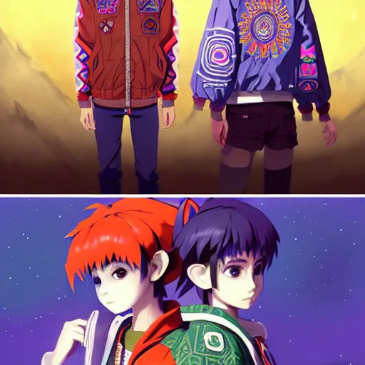 Image similar to majora majora's mask wearing oversized mayan bomber jacket with overalls, bulky poofy bomber jacket with mayan patterns, aztec street fashion, genshin impact art style, gapmoe yandere grimdark, trending on pixiv fanbox, painted by greg rutkowski makoto shinkai takashi takeuchi studio ghibli, akihiko yoshida