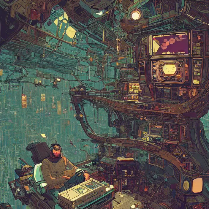 Image similar to Stunningly intricate illustration of a cyberpunk explorer playing video games in his treehouse, highly detailed, midnight, by Victo Ngai and James Gilleard , Moebius, Laurie Greasley