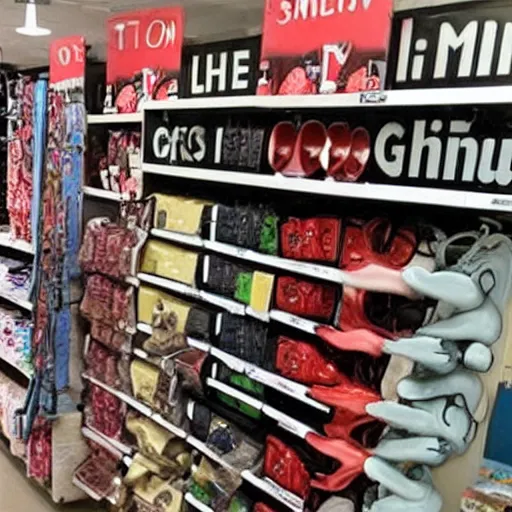 Prompt: Oh my god! Check out this photo! I've never seen a store that slls products like this before! What evn are these objects for sale? This thing looks like Barry Chuckle, WTF!