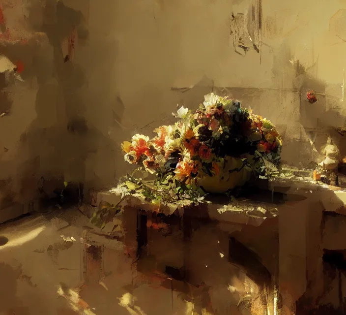 Prompt: a beautiful still life painting by Craig Mullins; extraordinary masterpiece!!!!!