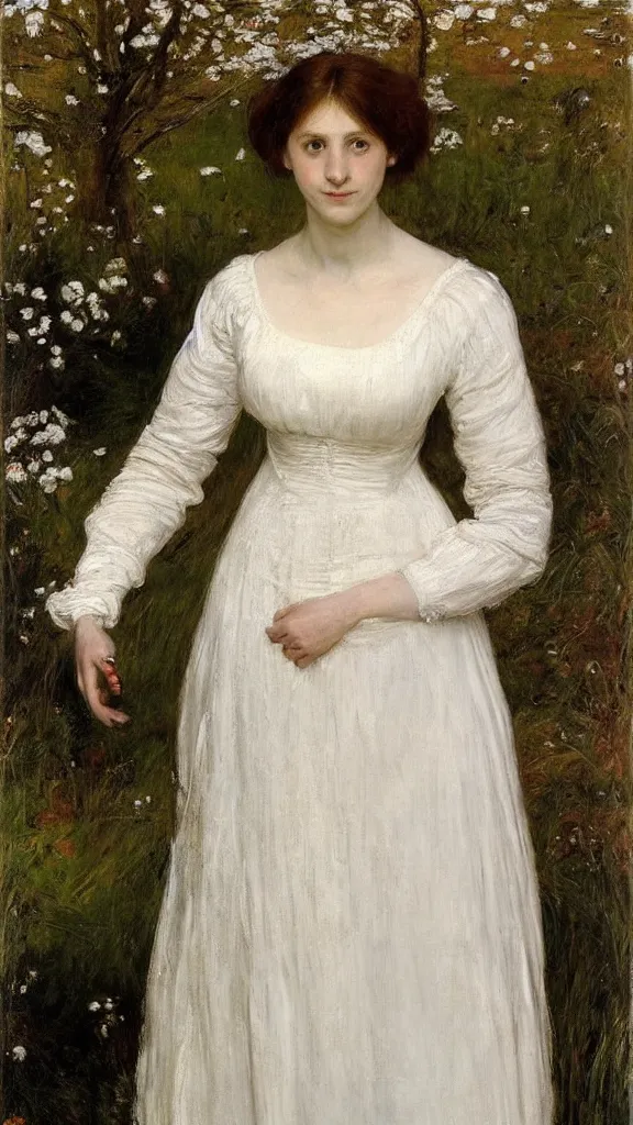 Image similar to portrait of a woman in a white dress, Ophelia , painted by John Everett Millais, full length photo.