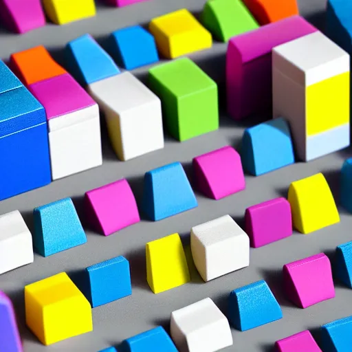 Image similar to an axonometric isometric photo of a stack of multi coloured individual resin blocks. the blocks are made of a satin resin. photorealistic, architectural model, octane render, path tracing