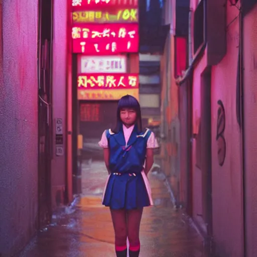 Prompt: 1990s perfect 8K HD professional cinematic photo of close-up japanese schoolgirl posing in dystopian alleyway with neon signs, at evening during rain, at instagram, Behance, Adobe Lightroom, with instagram filters, depth of field, taken with polaroid kodak portra