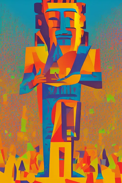 Image similar to cubist moai statue cutout digital illustration cartoon colorful beeple