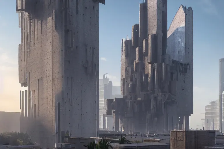 Image similar to streetscape, a towering cathedral of brutalist architecture, buildings covered with greebles, stunning volumetric light, sunset, metal, concrete and translucent material, stunning skies, majestic landscape, trending on Artstation, 8k, photorealistic, hyper detailed, unreal engine 5, IMAX quality, cinematic, epic lighting, in the style of Greg Rutkowski