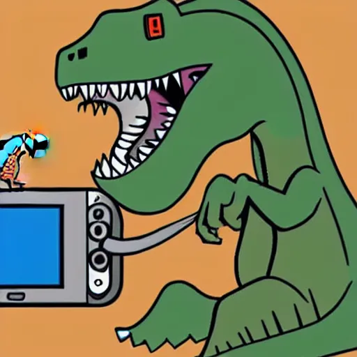 Prompt: a dinosaur eating a nintendo