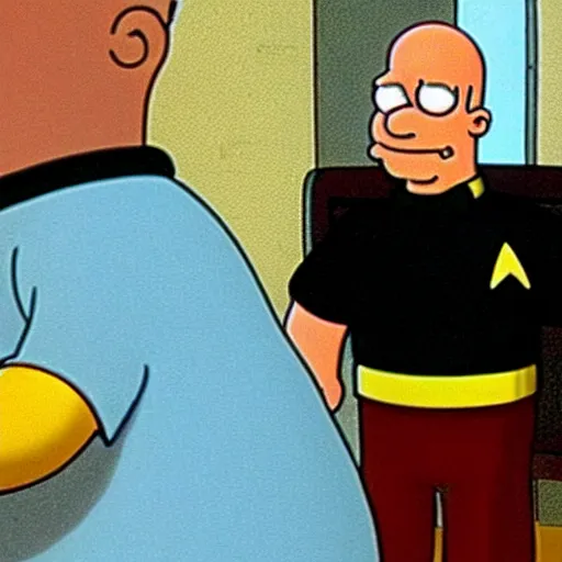 Prompt: a still of homer simpson as captain picard in star trek : the next generation ( 1 9 8 7 )