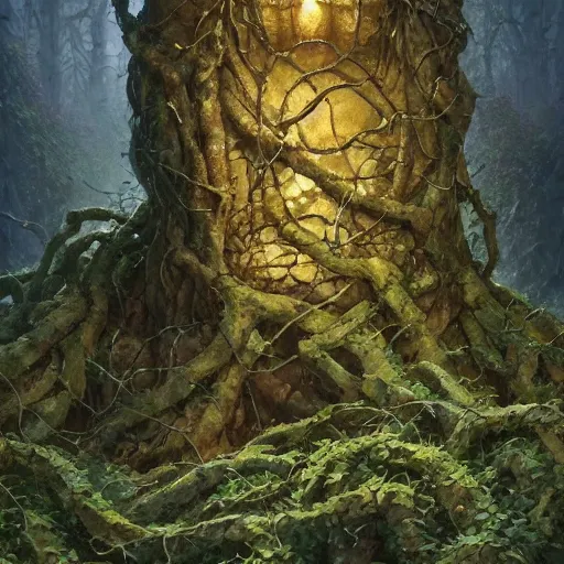 Prompt: a stone golem covered of vines, by greg rutkowski e thomas kinkade, fantasy, d & d, very detailed, high definition, realistic painting, character design, trending on artstation