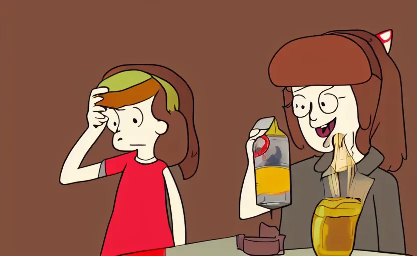 Prompt: a girl drinking a glass cocacola, ambient lighting, mysterious, gravity falls cartoon scene, fine shading