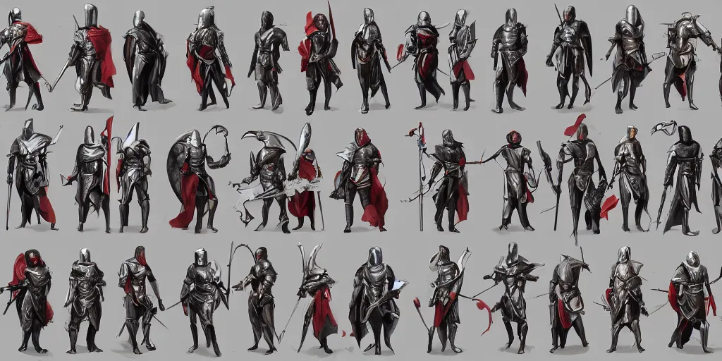 Image similar to different views of medieval knights, concept art by senior character artist, trending on artstation, full body characters designs