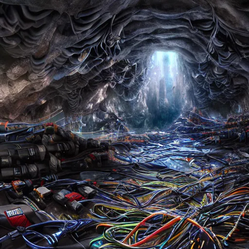 Image similar to a cave with many computers and piles of modular synth cables, by cameron gray, wlop, stanley kubrick, masamune, hideki anno, unique perspective, trending on artstation, 3 d render, smooth render