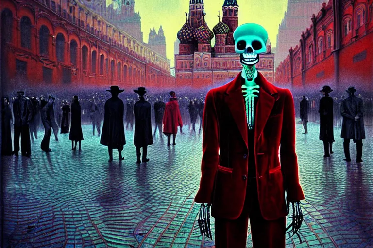 Image similar to realistic detailed photorealistic film portrait shot of a single skeleton wearing crimson velvet blazer in a crowded futuristic moscow street by Denis Villeneuve, Amano, Yves Tanguy, Alphonse Mucha, Ernst Haeckel, Andrei Tarkovsky, Edward Robert Hughes, Roger Dean, rich moody colours, wide angle, blue eyes