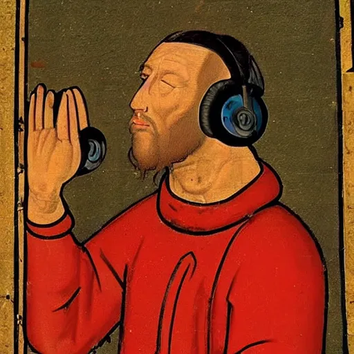 Image similar to Medieval painting of a man listening to sick beats on his headphones