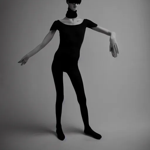 Prompt: fashion photography of a genderless alien model, full body, wearing a black leotard, photo 3 5 mm leica, hyperdetail, berghain, 8 k, very detailed, black and white