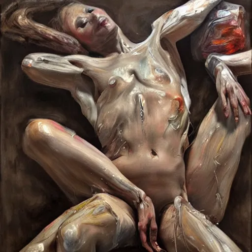 Image similar to body sculptures made with oil painting, brush strokes, by jenny saville. Dark atmosphere. volumetric