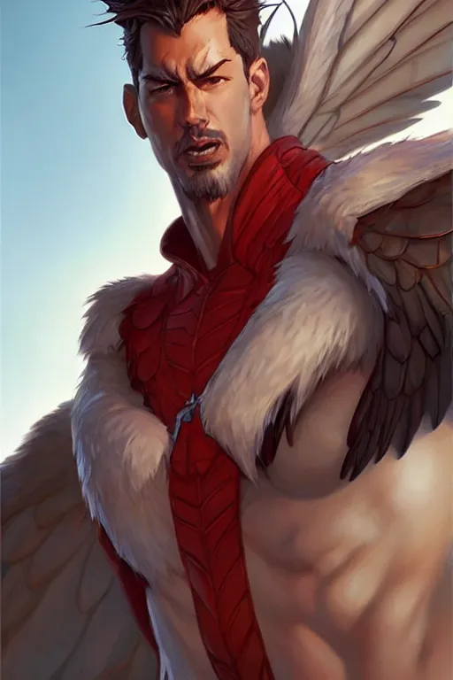 Image similar to character art by wlop, steve henderson, and j scott campbell, gooseman, male hero, goose - head, wings, 4 k
