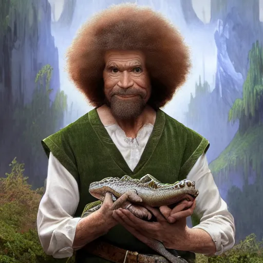 Prompt: an ultra detailed matte painting of bob ross dressed as a wandering elf druid, large alligator animal familiar!!! d & d, fantasy concept art by alphonse mucha and greg rutkowski and maschinen krieger and beeple, octane render, 8 k, detailed face