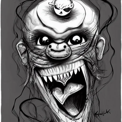 Image similar to grunge cartoon sketch of a snake with a human head with a wide smile by - michael karcz, loony toons style, horror theme, detailed, elegant, intricate