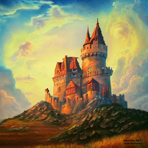 Image similar to Castle in the clouds, celestial light, divine, in the style of Wylie Beckert