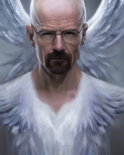 Image similar to walter white winged angel, male!!!!!!!, long white hair, by daniel gerhartz, trending on artstation