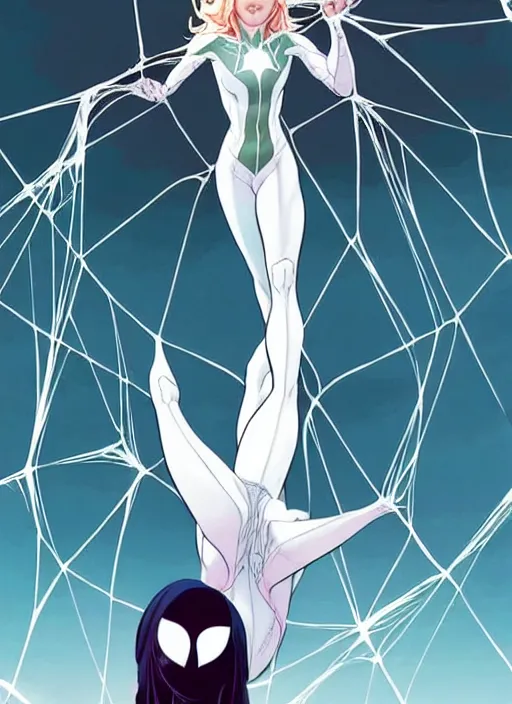 Prompt: Rafeal Albuquerque comic art, Joshua Middleton comic art, cinematics lighting, pretty female Emma Stone as Spider Gwen, Marvel comics, hanging from white web, playful smirk, symmetrical face, symmetrical eyes, full body, flying in the air, city in background