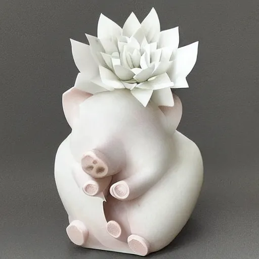 Image similar to “pig sculpture, mixed materials, pork, ikebana white flowers, white wax dripping”