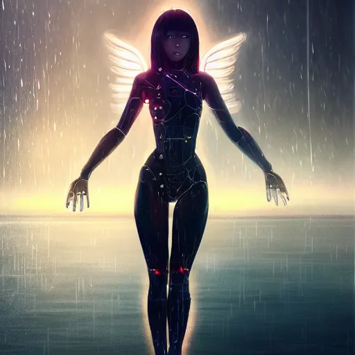 Image similar to beautiful young asian woman as a beautiful cyborg - angel girl standing on a lake, rainfall, biomechanical details, digital cyberpunk anime art, full body shot, reflections, lens flare, wlop, ilya kuvshinov, artgerm, krenz cushart, greg rutkowski