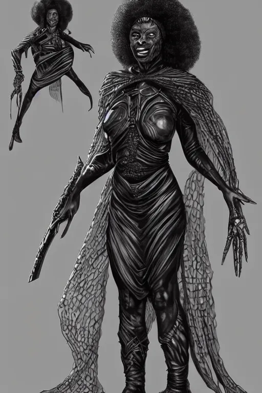 Prompt: ninja african princess with an afro in the style of giger. wearing cloak, medieval body armor, artgerm, trending on artstation, character concept art.