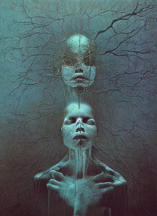 Image similar to artificial consciousness, detailed, hyperrealism, by Beksiński,