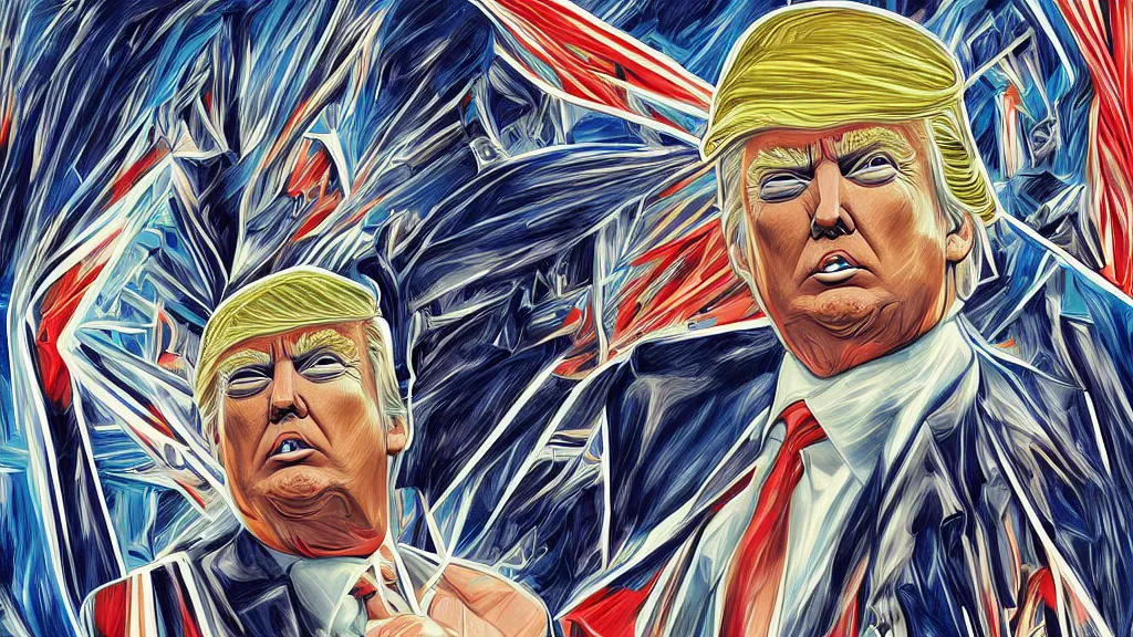 Image similar to donald trump apotheosis in the style of syd mead and alex grey