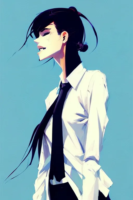 Image similar to a ultradetailed beautiful panting of a stylish woman, she is wearing a white shirt with a tie and black pants, by conrad roset, greg rutkowski and makoto shinkai trending on artstation