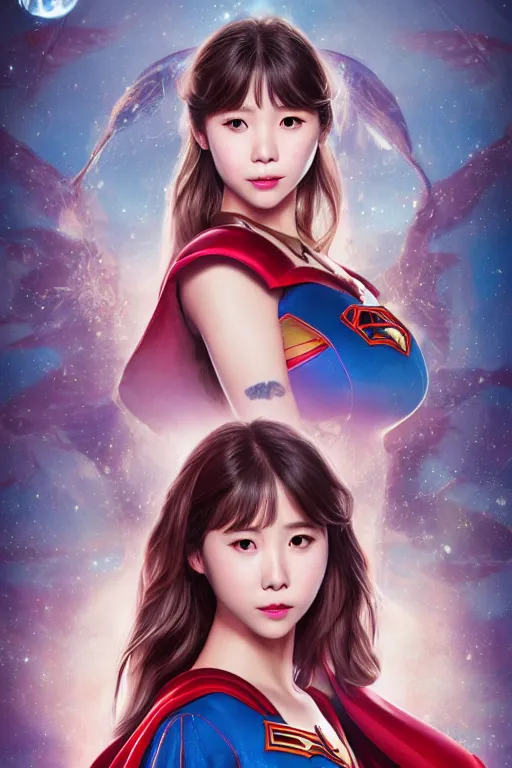 Prompt: Protrait of a Beautiful IU from Hotel del Luna as supergirl, unreal engine, detailed face, rule of thirds, captivating and enticing, , by James Jean