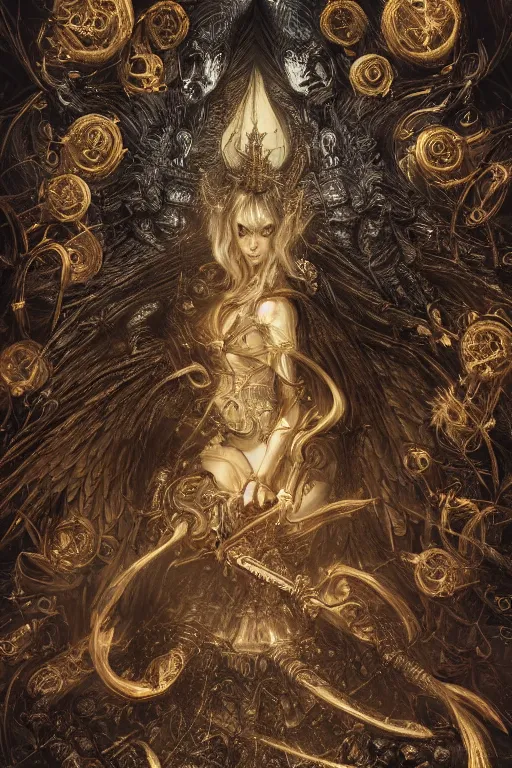 Prompt: portrait of a angel surrounded by demons, Dark Souls 3 themed, insanely detailed and intricate, golden ratio, elegant, ornate, luxury, elite, ominous, haunting, matte painting, cinematic, cgsociety, James jean, Brian froud, ross tran, Laputa