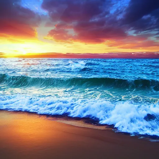 Image similar to sea sunset with waves, aesthetic, realistic, sunset, 8 k, sharp, colorful