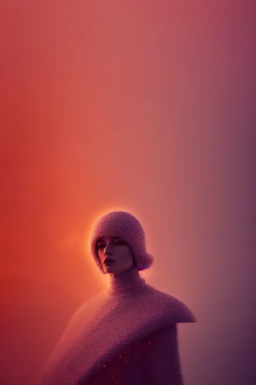 Image similar to a model wearing haute couture from chanel in an environment envisioned by killian eng and moebius, macro photography, long exposure photograph, surrealism, anamorphic bokeh, cozy, soft light, orange and teal, caustic, atmospheric fog, octane render, cinematic