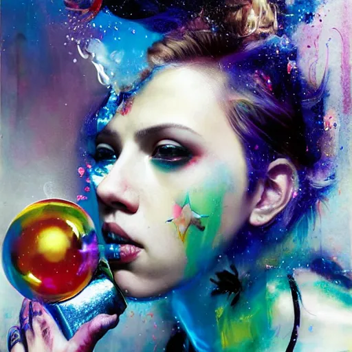 Image similar to drunken scarlett johansson as delirium from sandman, ( hallucinating colorful soap bubbles ), by jeremy mann, by sandra chevrier, by dave mckean and richard avedon and maciej kuciara, punk rock, tank girl, high detailed, 8 k