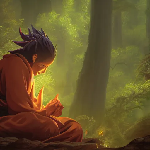 Prompt: a dragon sage monk yamabushi meditates in a dark forest. surrounded by serpents of all sized, danzo, orochimaru madara, ultra hyper detailed realistic matte painting artstation narutoverse stylized beautiful lighting moody gloomy