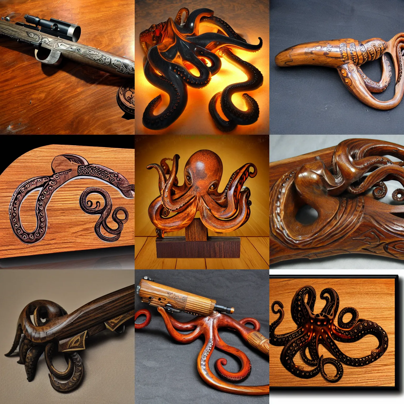 Prompt: photo side view of a 1 2 gauges gun design vintage hunting wood carved exotic octopus design dramatic lighting